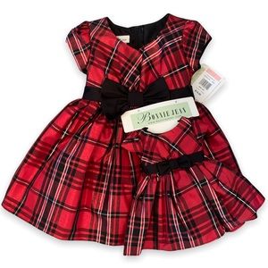 NWT Bonnie Jean Red Plaid Christmas Dress Size 2T with Matching Doll Dress